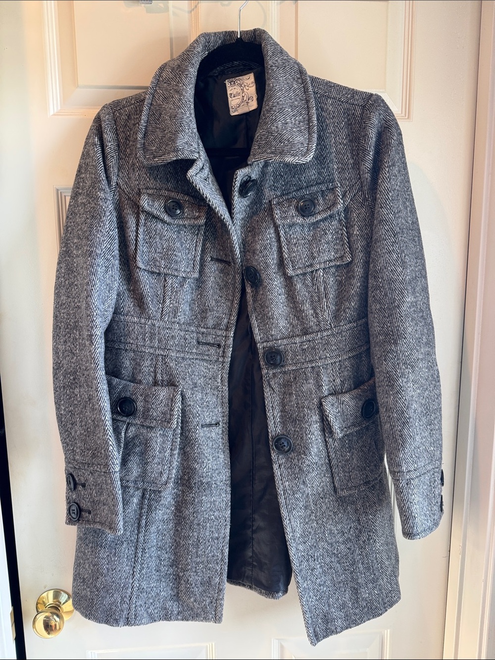 Gray Herringbone Wool-Blend Pea Coat - Women's Tailored Winter Jacket